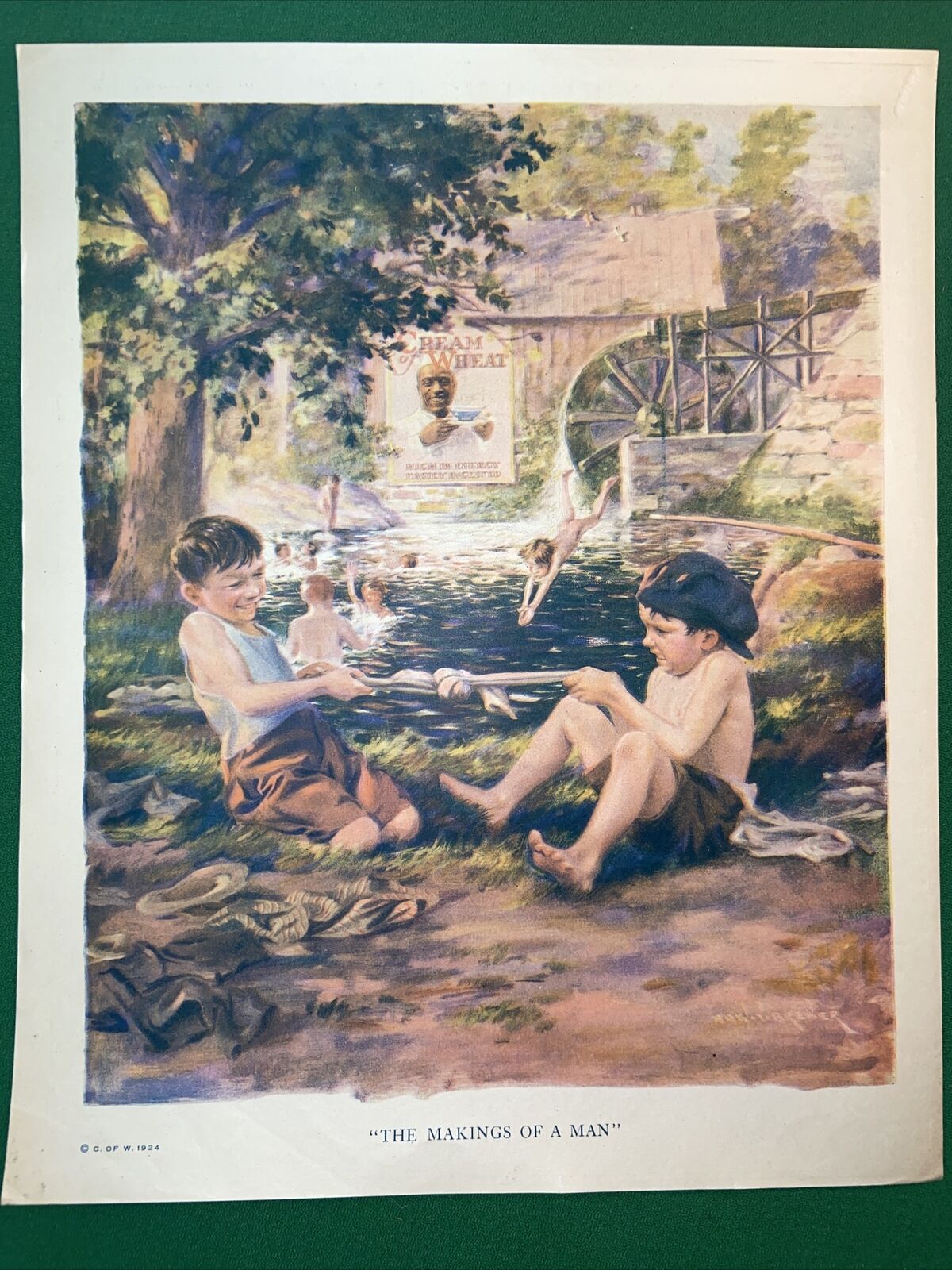 Vtg 1924 20’s CREAM OF WHEAT Advertising THE MAKING OF A MAN Boys Swimming