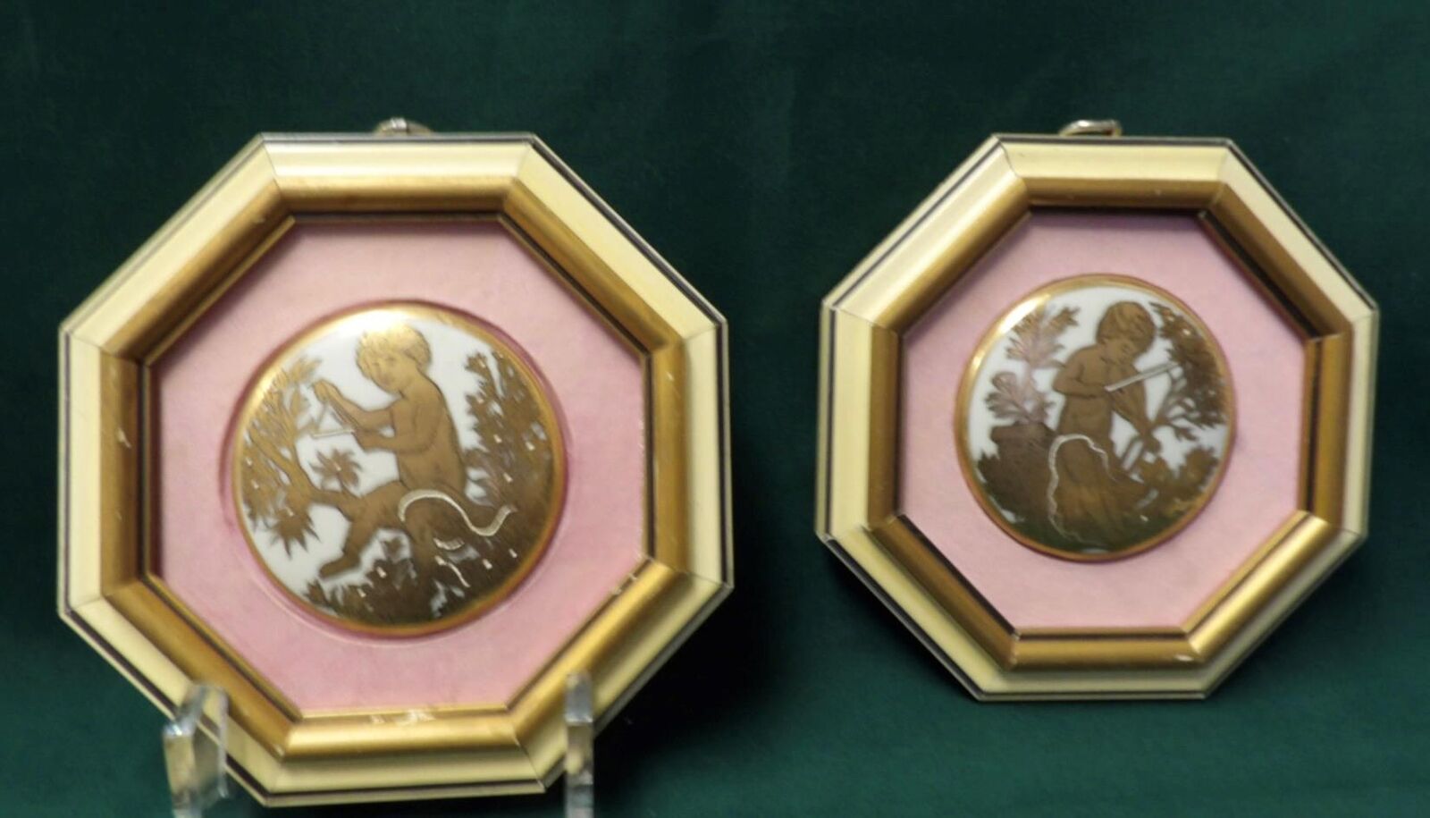 Two Antique Octagonal Shaped Framed Porcelain Discs of Cherubs