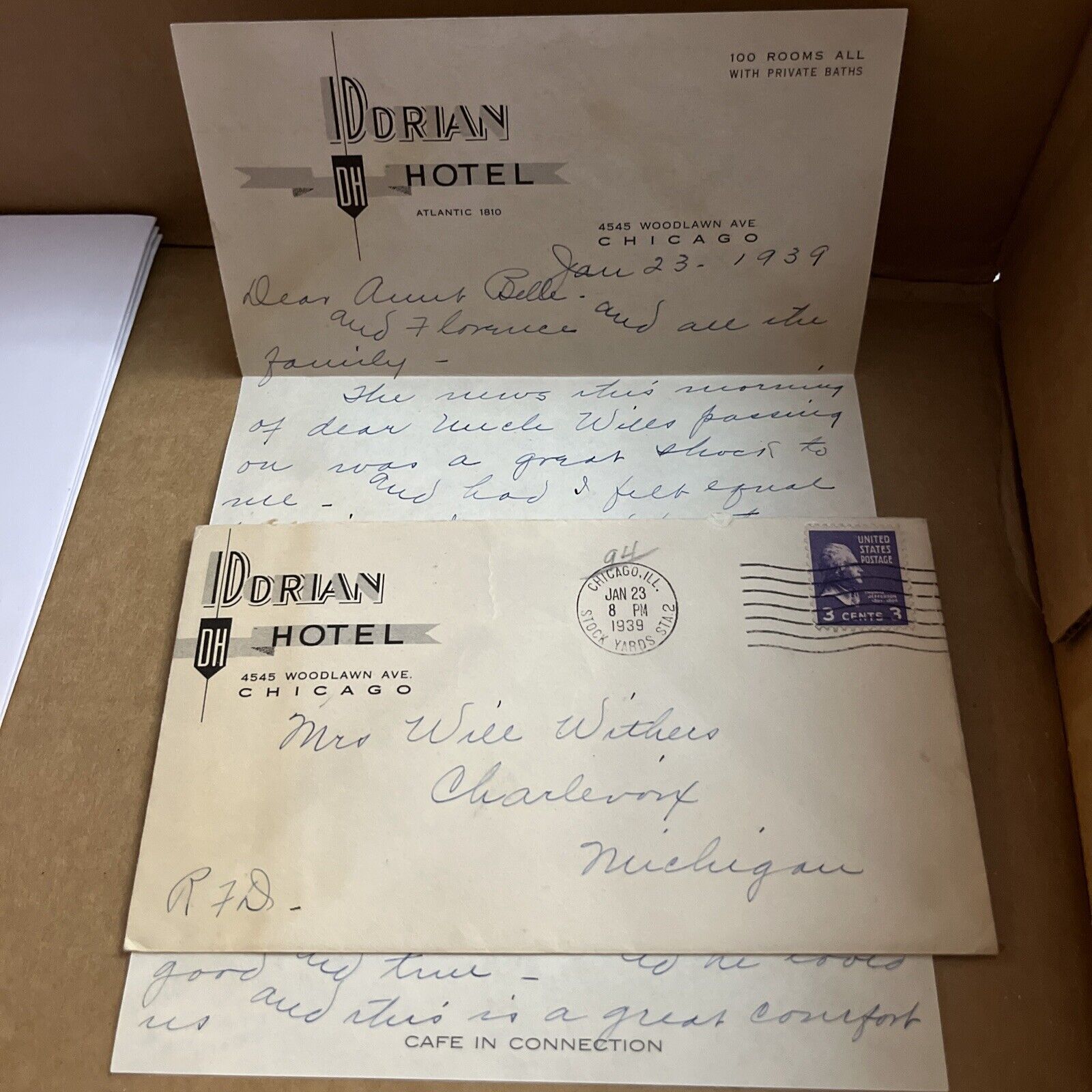 Antique 1939 Correspondence from Dorian Hotel in Chicago Great Depression Era
