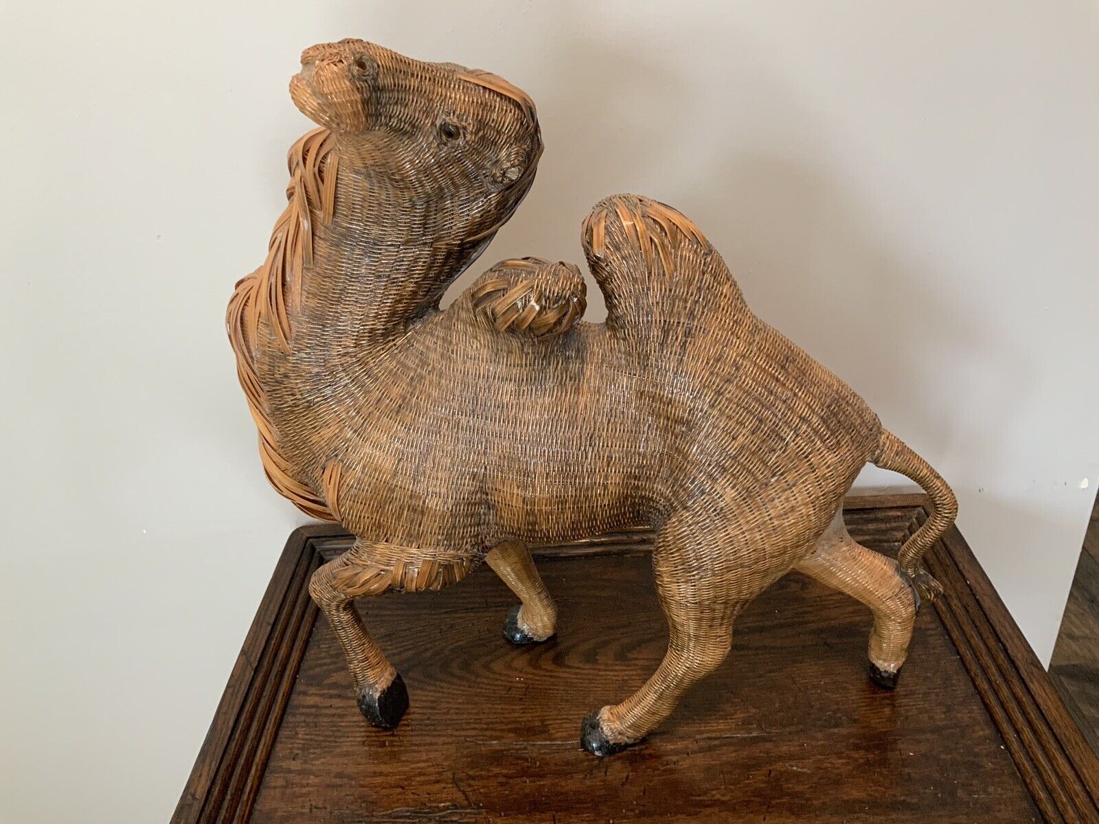 Vintage Shanghai Handicrafts Camel Woven Basket Style Sculpture Figure 15.5”