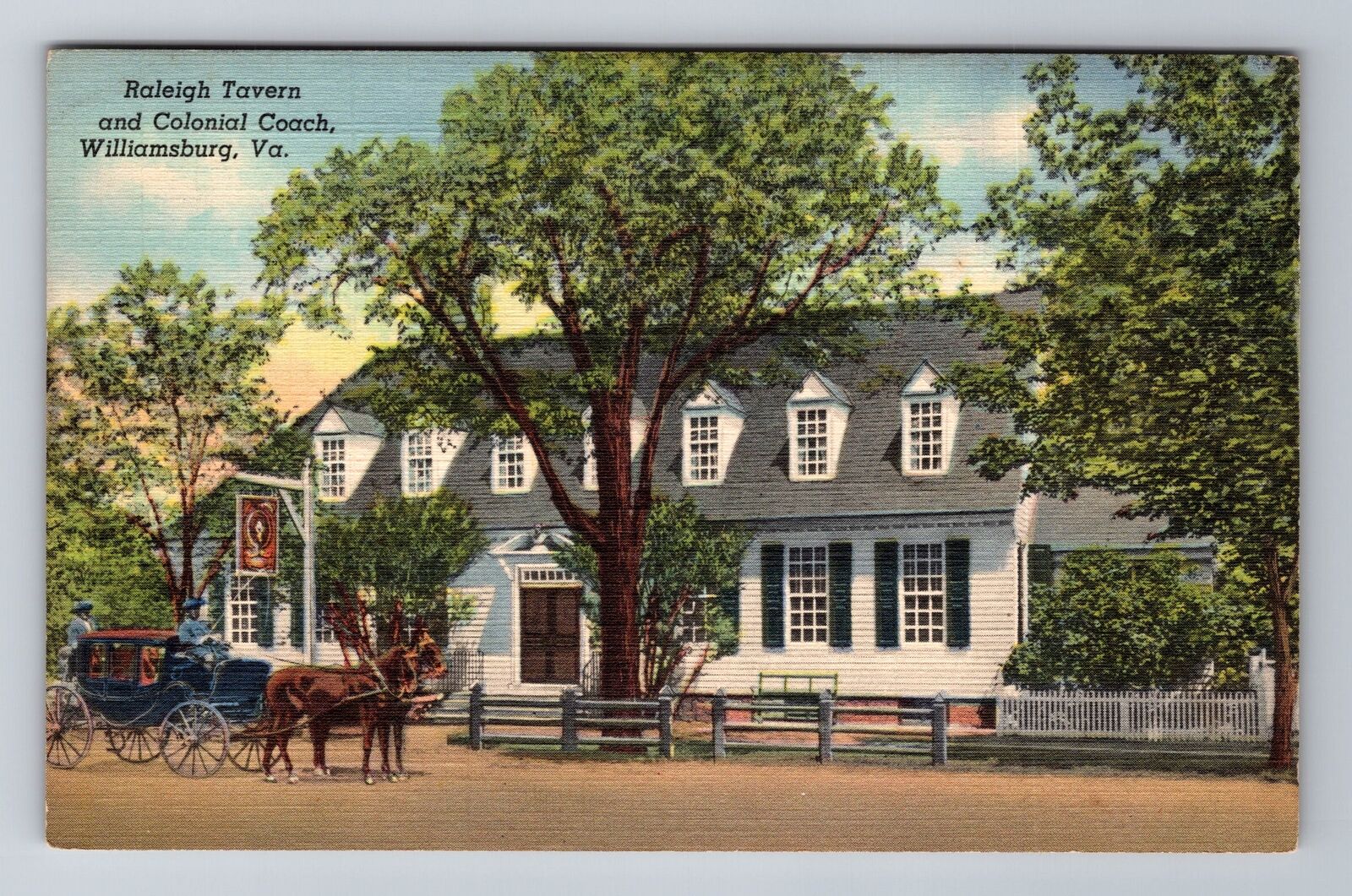 Williamsburg VA-Virginia, Raleigh Tavern, Colonial Coach, Vintage Postcard