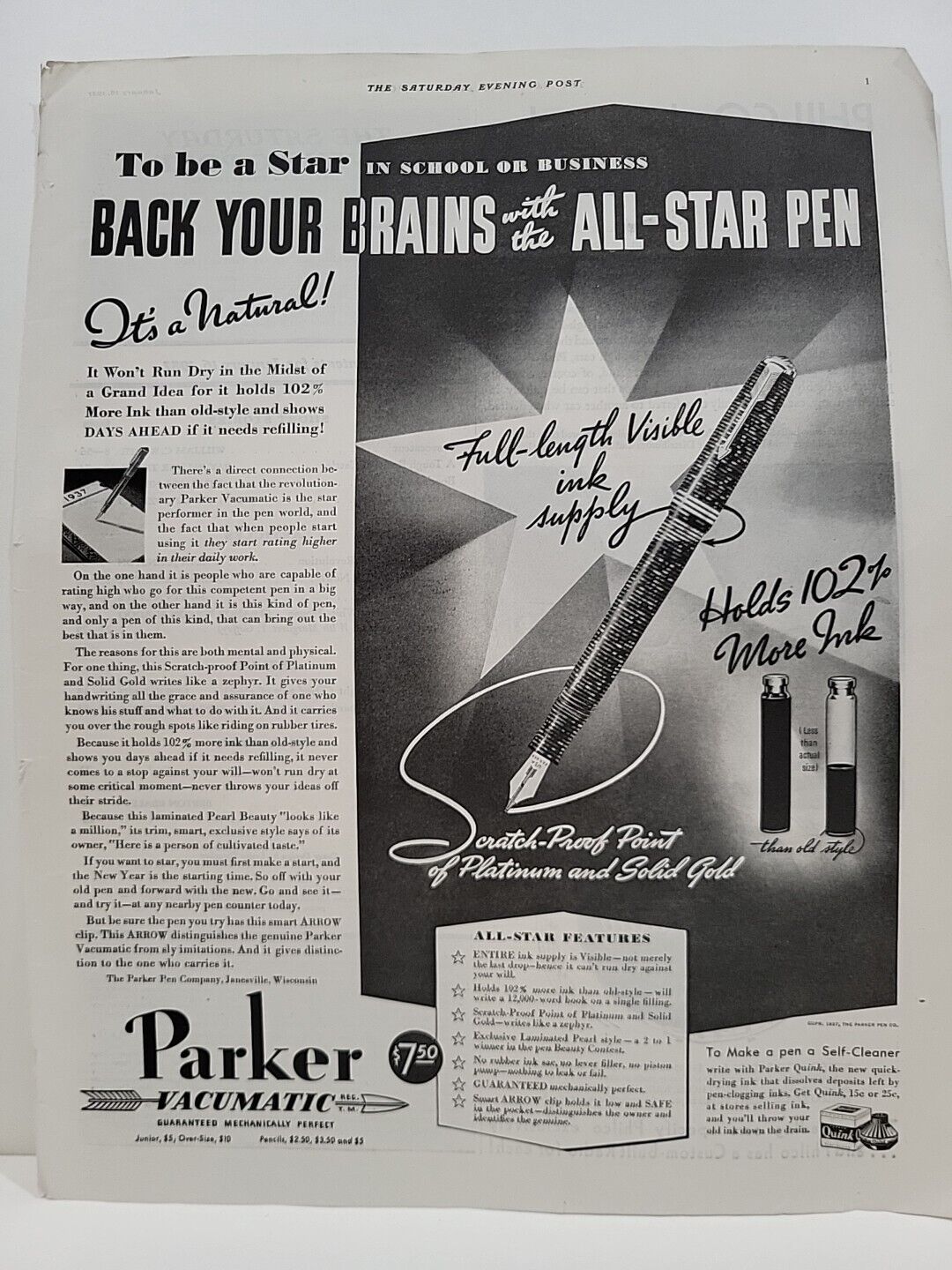 1937 Parker Vacuumatic Pen S.E. Post Magazine Print Advertising