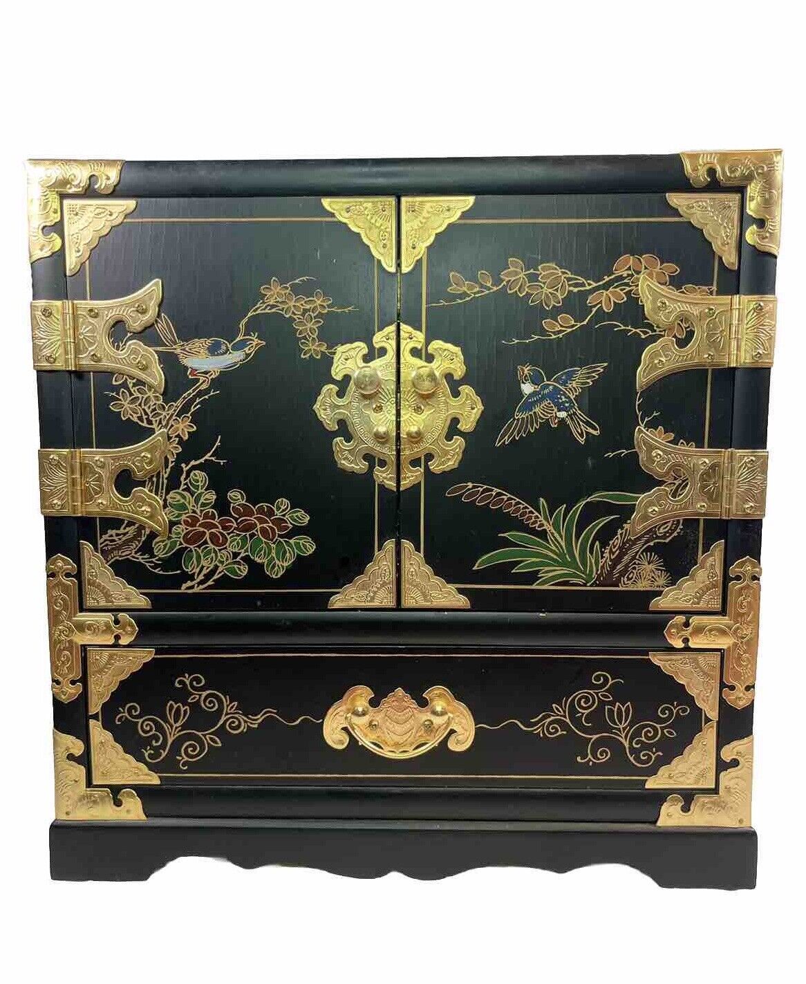 Vintage Handmade Oriental Black Lacquer Jewelry Cabinet, Wood, Brass