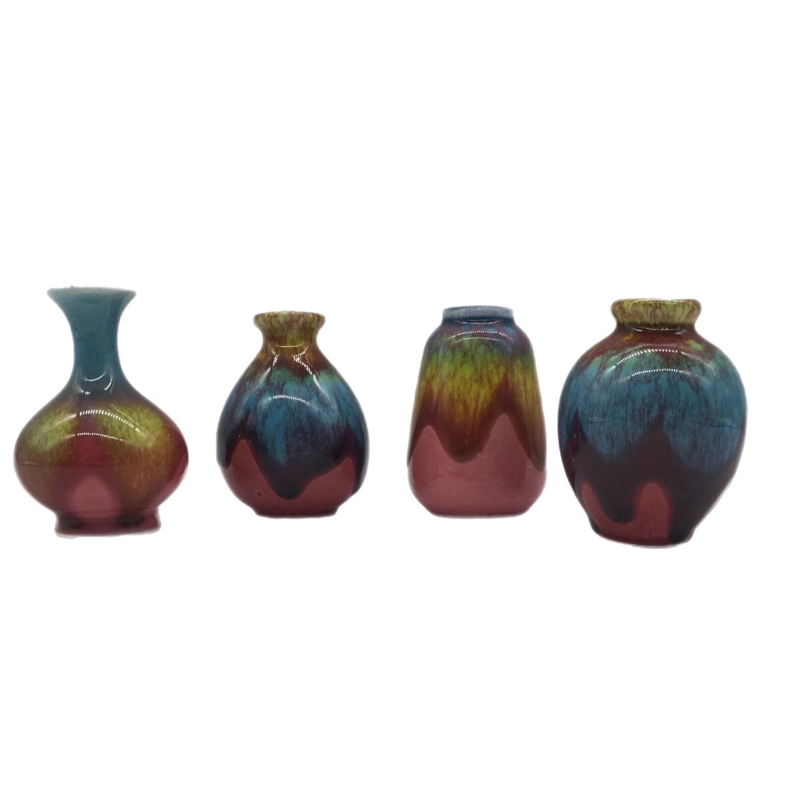 Four Miniature Rainbow Drip Glaze Vases Art Pottery Vintage Japan Collection 70s