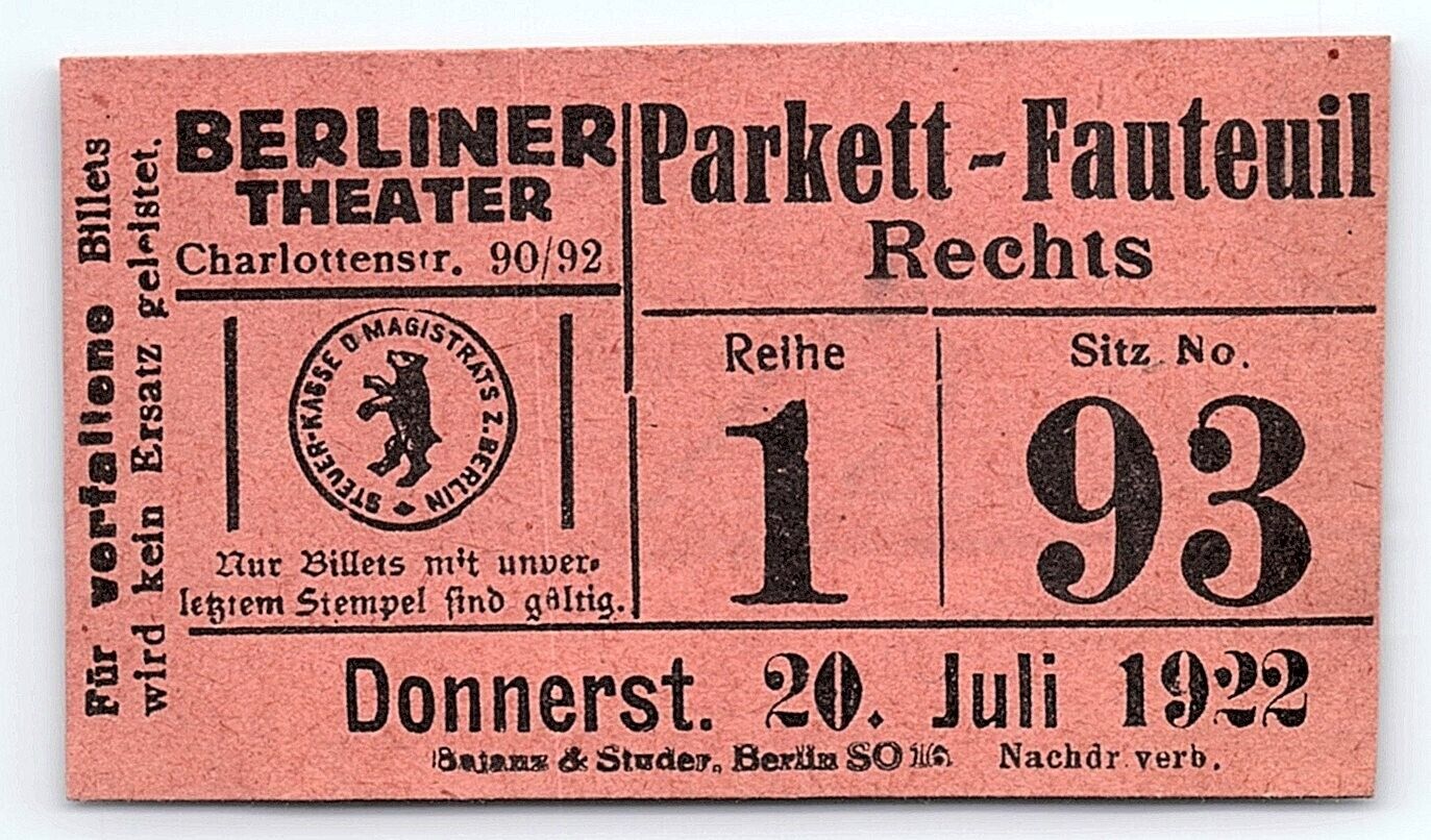 1922 BERLINER THEATER GERMAN JEWISH CULTURAL ASSOCIATION RARE TICKET  P1009