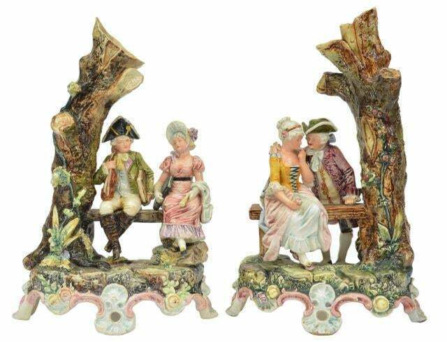 Antique Vases, Pair,  Majolical Continental Figural Spill Vases, 19th C. 1800's
