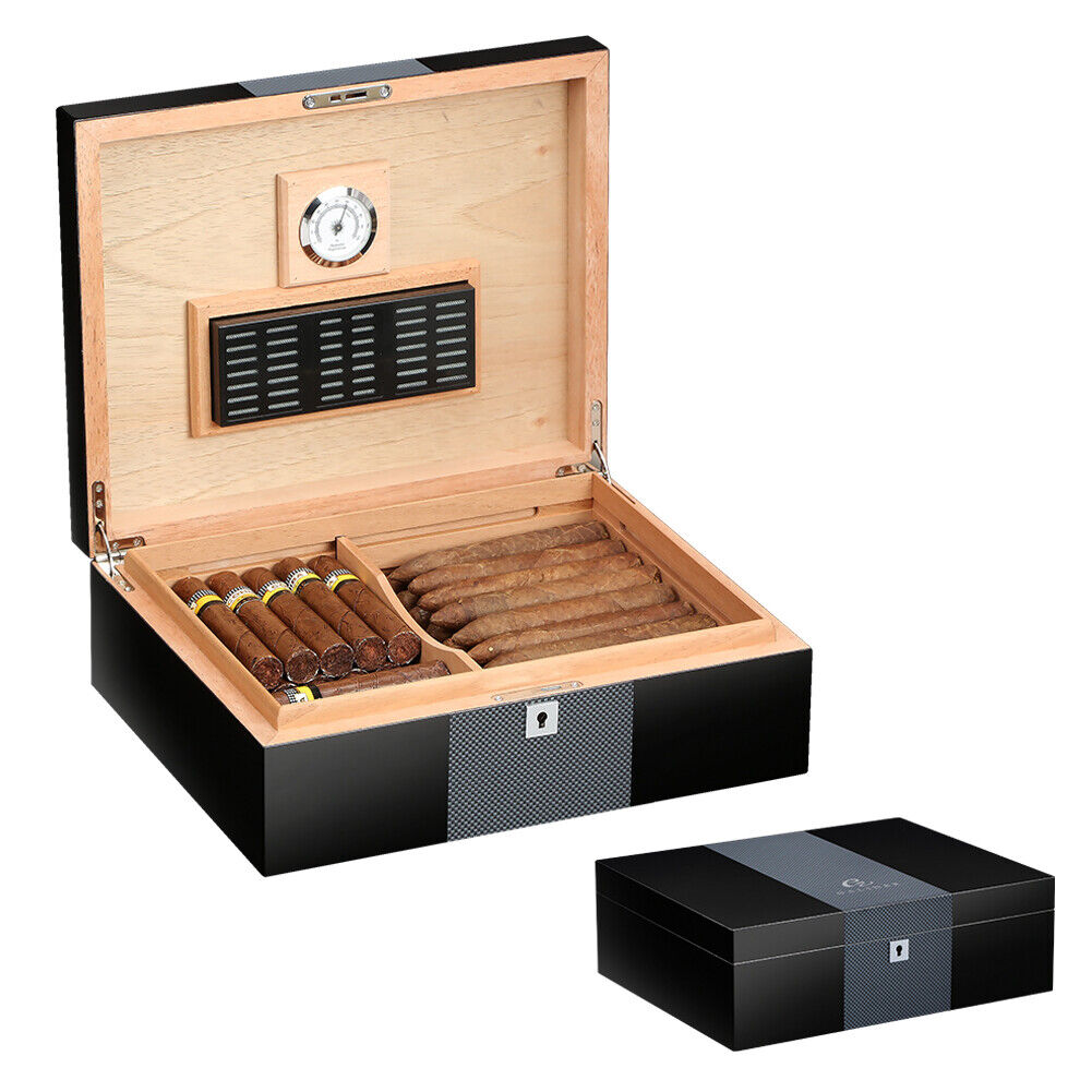 Galiner Midnight Cigar Humidor 35+ Black Cedar Cigar Box Humidifier Hygrometer