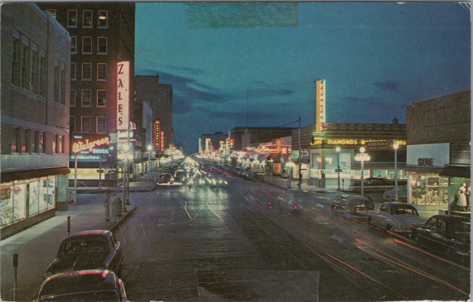 c1950 Polk Street Amarillo Texas night view neon lights signs postcard C474