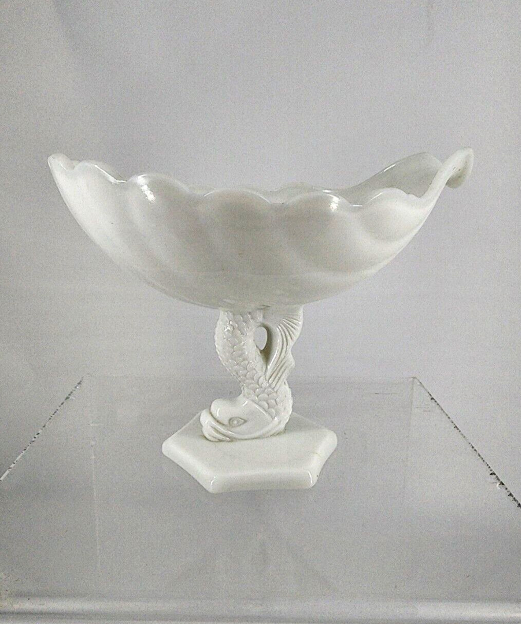 Fenton Dolphin Milk Glass Shell Console Entry Way Bowl Koi Serpent Vintage Glass