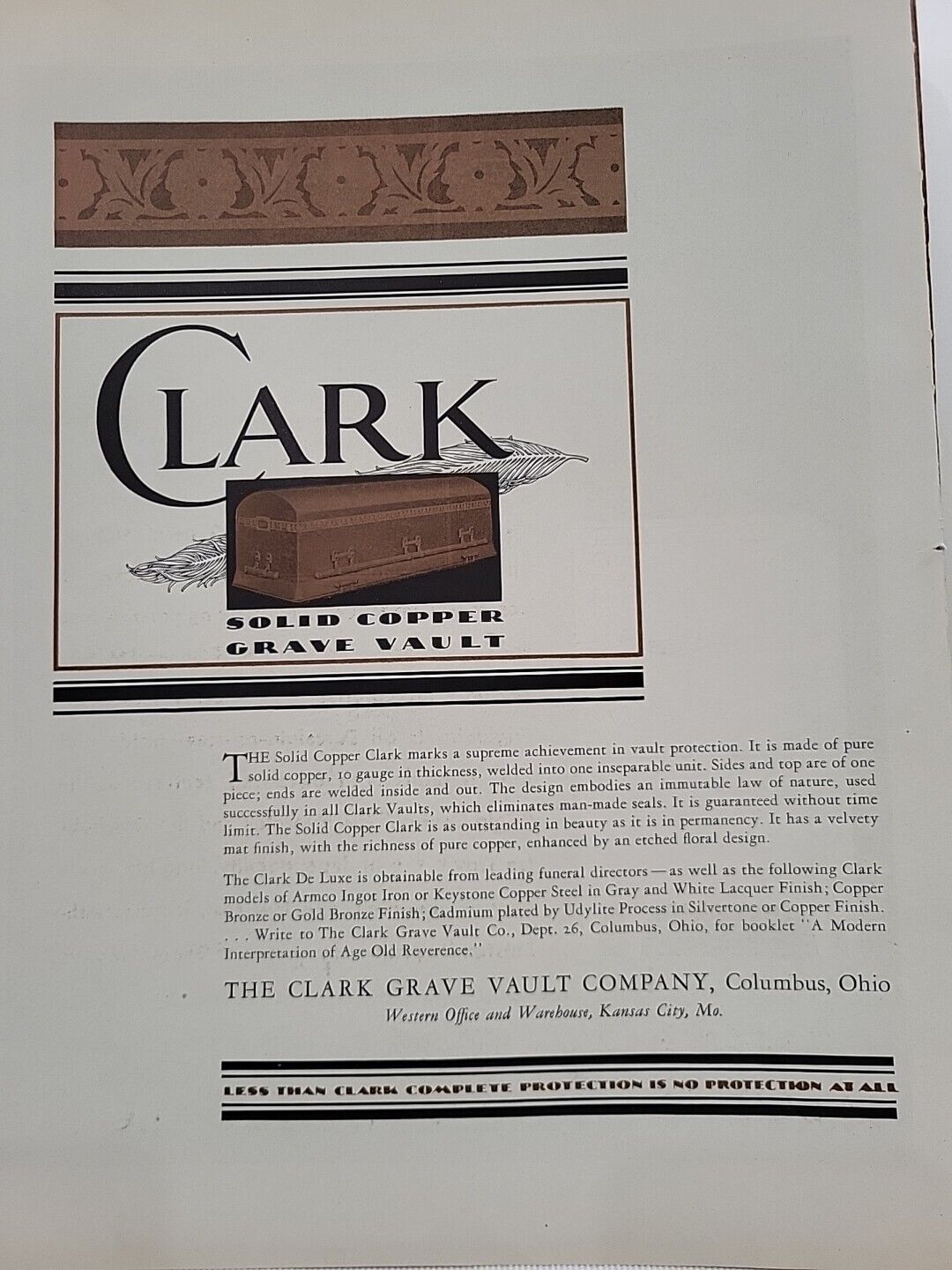 1931 Clark Grave Vault Company Fortune Magazine Print Ad solid Copper Coffin