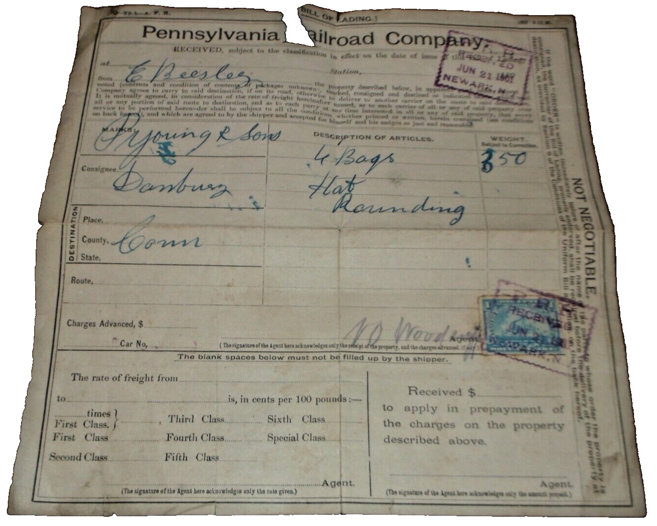 JUNE 1901 PENNSYLVANIA RAILROAD PRR BILL OF LADING NEWARK NEW JERSEY DANBURY CT