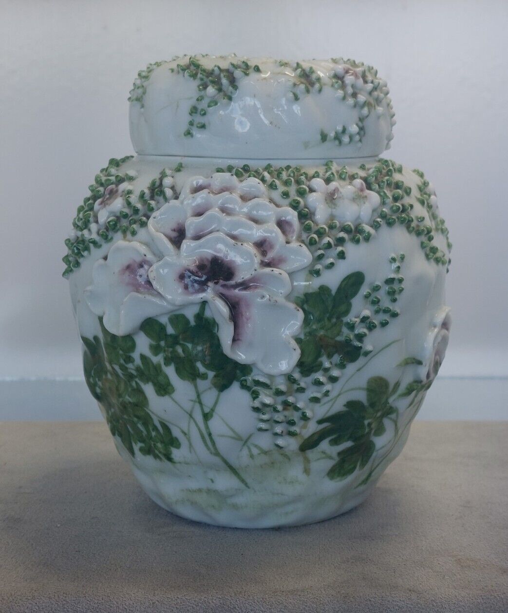 Late 19th Cent Japanese floral blossom W/lid ginger jar Gorgeous Green Purple 