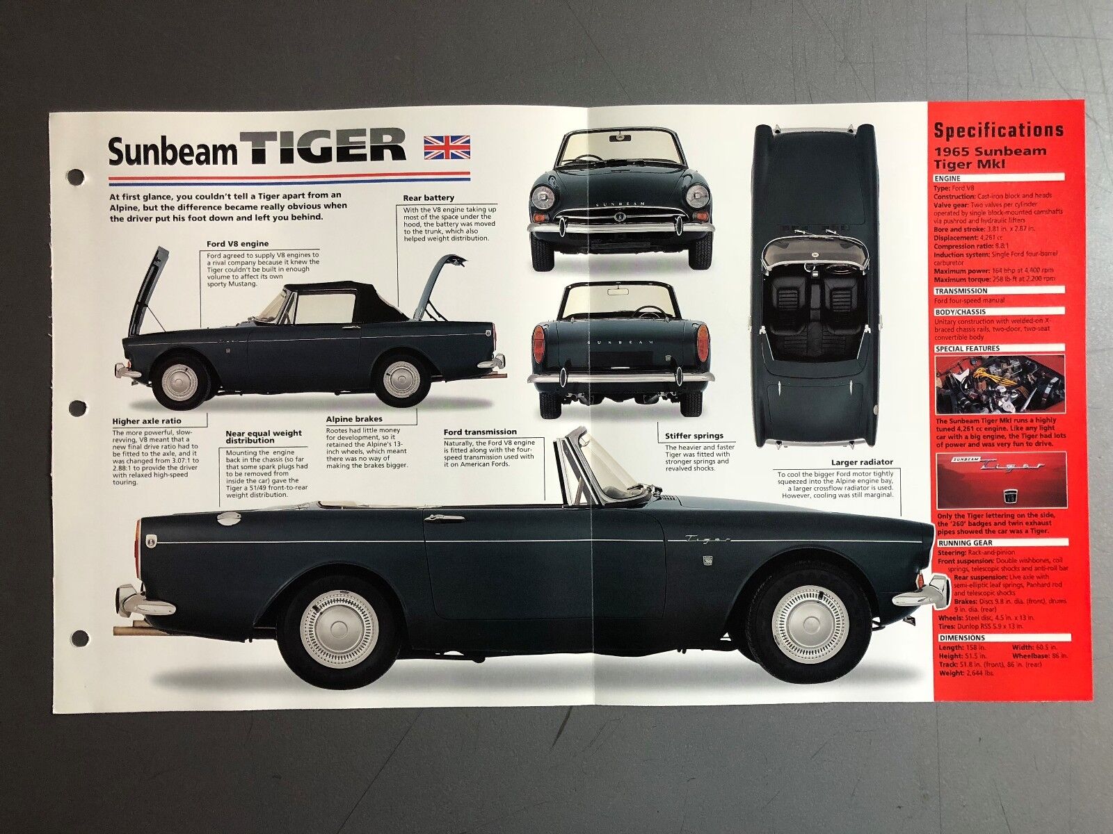 1964 - 1968 Sunbeam Tiger Convertible Poste, Spec Sheet, Folder, Brochure - RARE