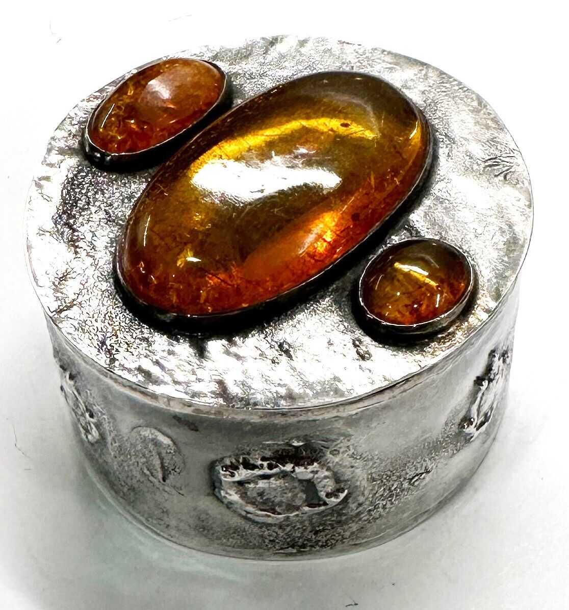 925 Solid Sterling Silver Real Cognac Baltic Amber Art Design Round Nice Box