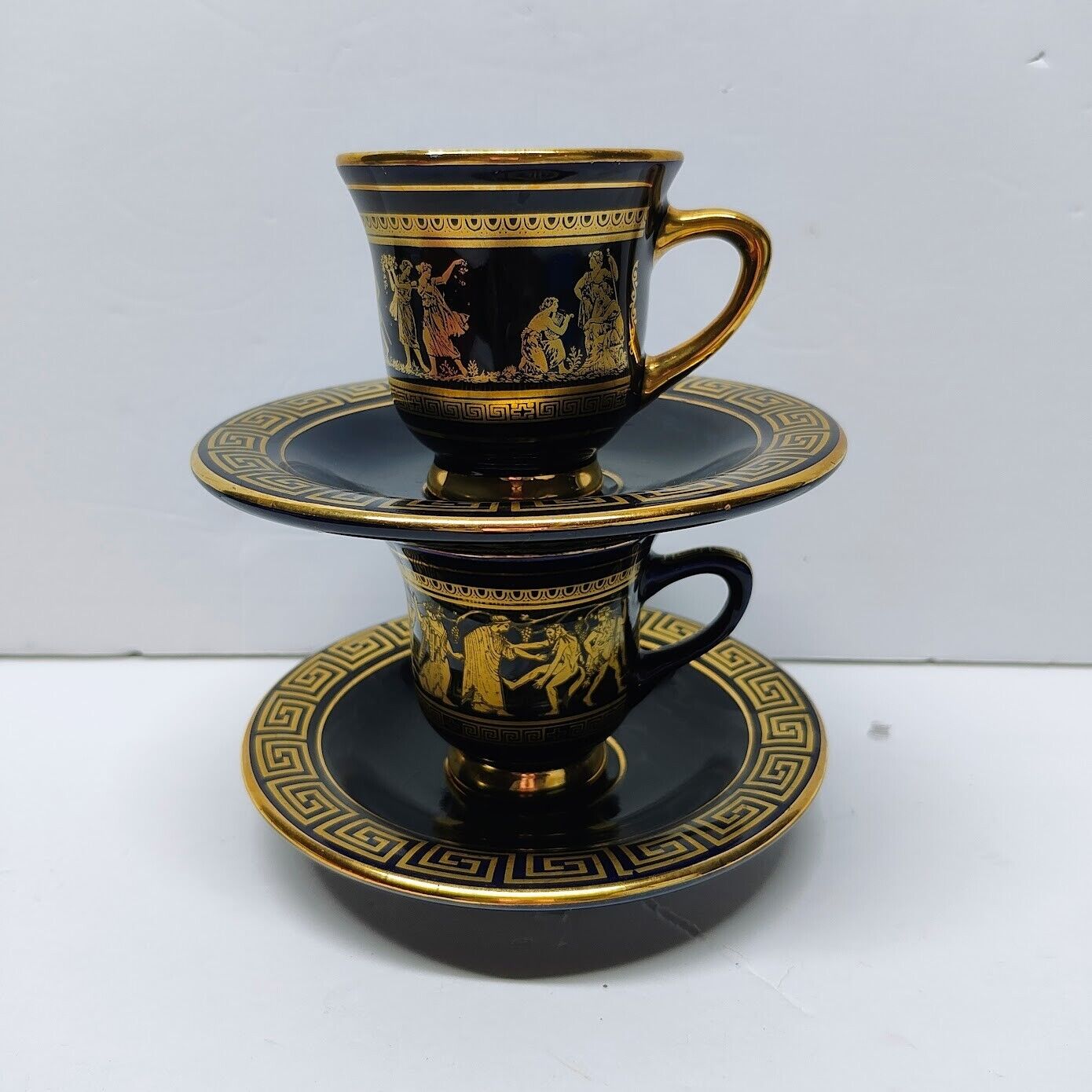 2-Greek Handmade Demitasse Cups & Saucer's Black W/ 24K Gold Vintage Spyropoulos