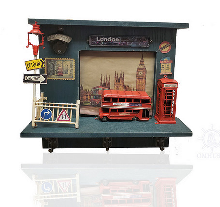 Vintage London Double-Decker Bus-Detailed Shadow Box with Keychain Hooks and