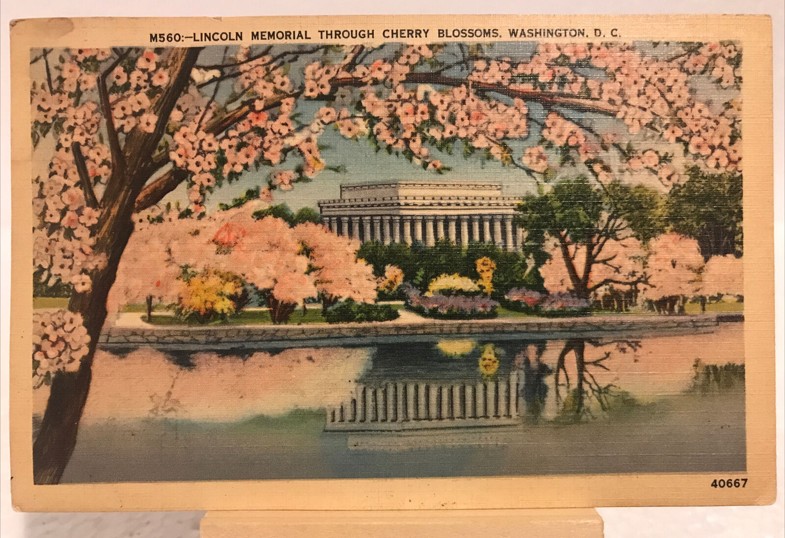 Vintage Postcard- 1938 View of Lincoln Memorial Through Cherry Blossoms
