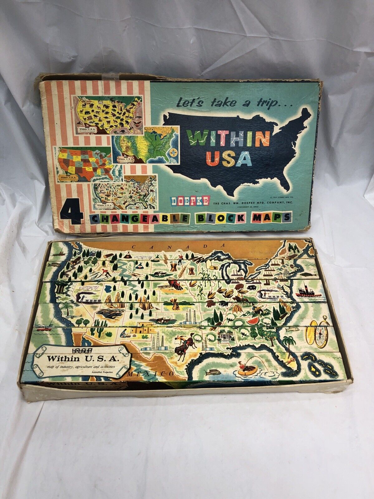 Chas Wm Doepke VTG 1950s Wooden Block Maps Toy Let's Take A Trip Within USA 1957