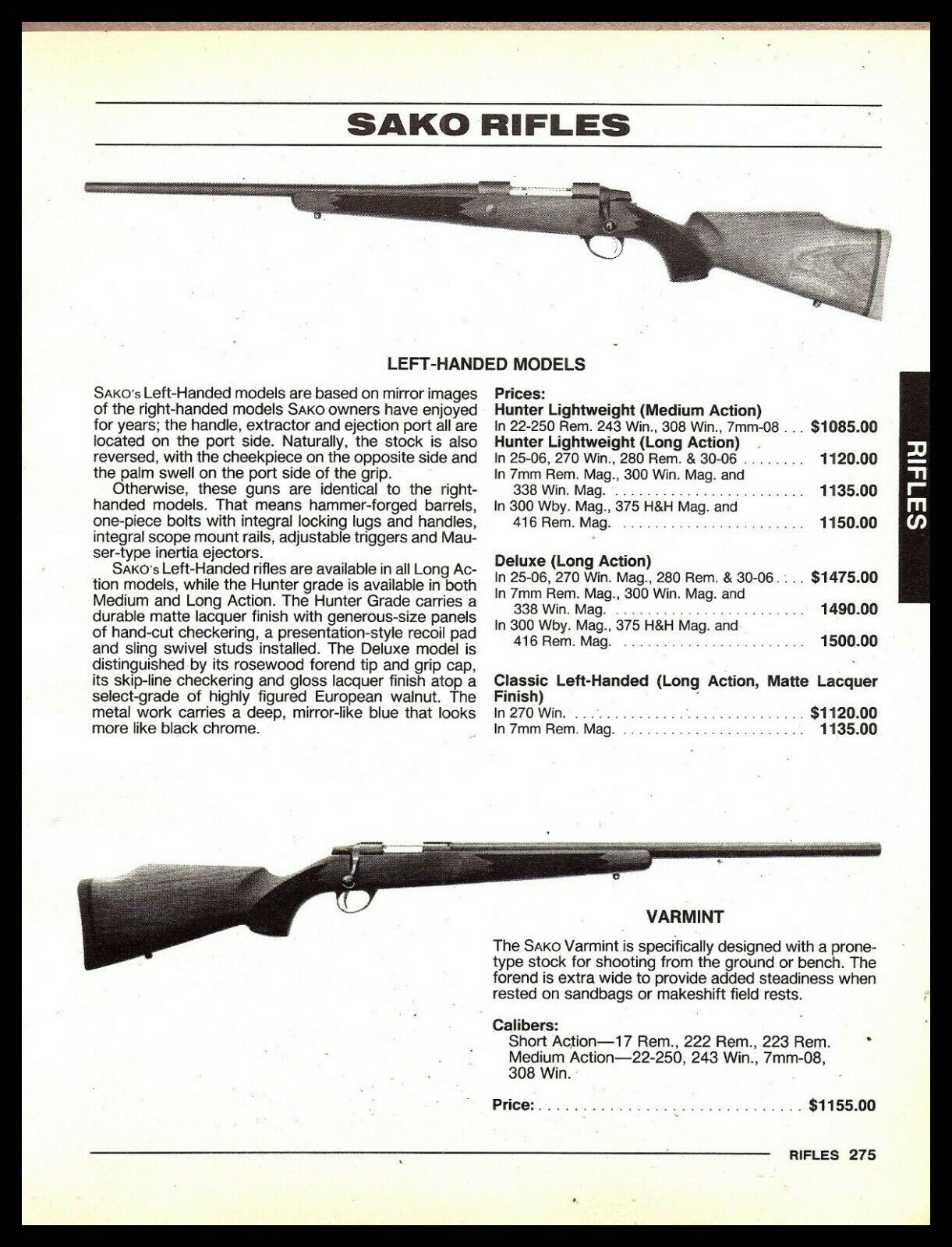 1995 SAKO Left-handed Hunter Lightweight & Deluxe Varmint Rifle Vintage Print AD