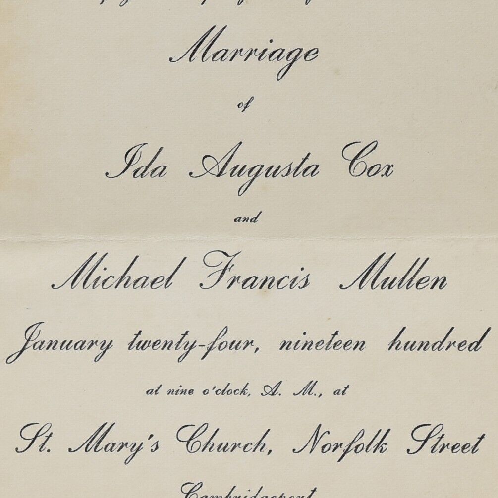 1900 Wedding Ida Cox Michael Mullen St Mary\'s Church Norfolk St Cambridgeport