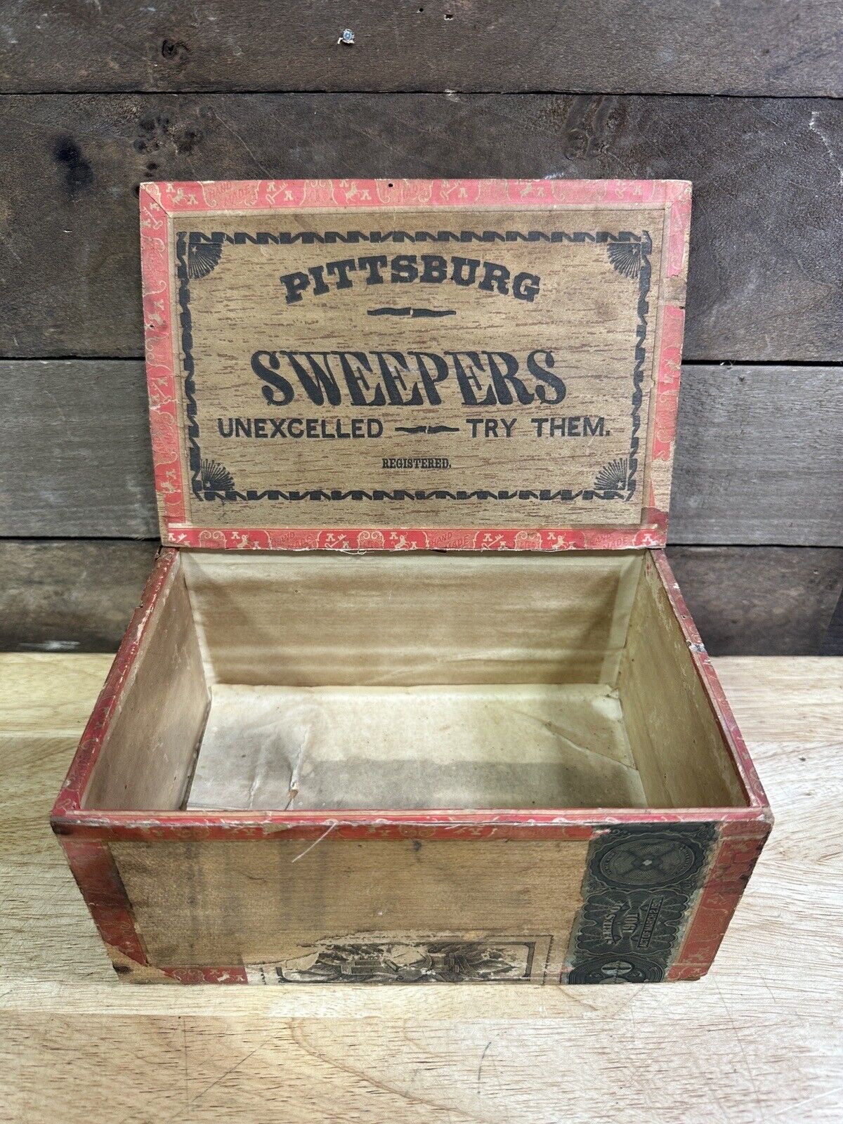 Antique 1901 Pittsburg Sweepers Wooden 100 Cigar Stamped Cigar Box