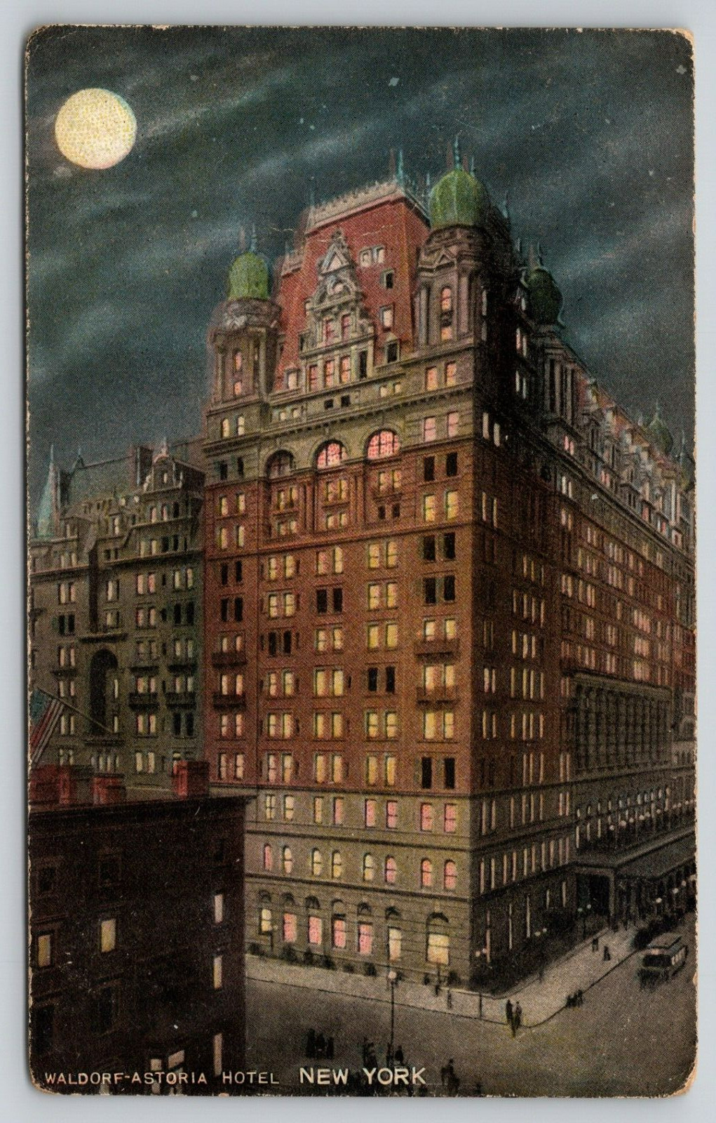 Postcard NY New York Waldorf-Astoria Hotel At Night DB A6