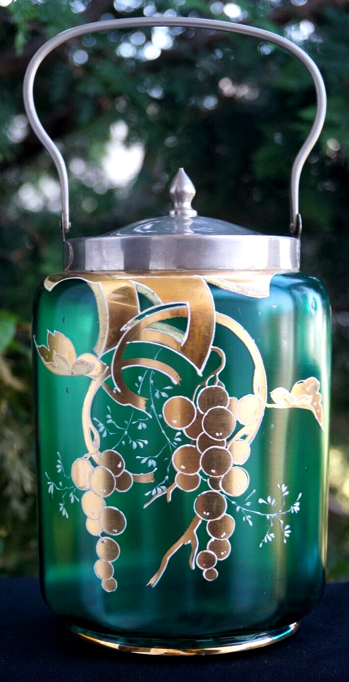 Antique 1870s - 1910s Victorian Gold Gilt Teal / Green Glass Bisquet Pickle Jar
