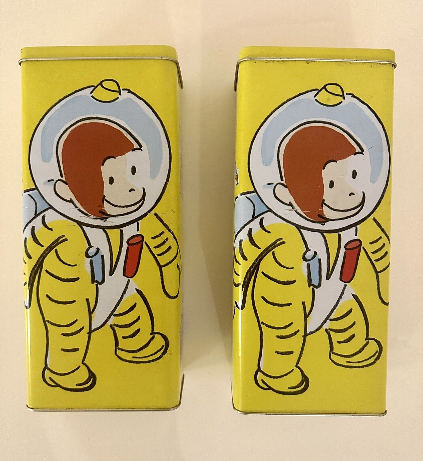 RARE PAIR of  Vintage 1990s Curious George Astronaut ASC Tins 11”Tall Series #1