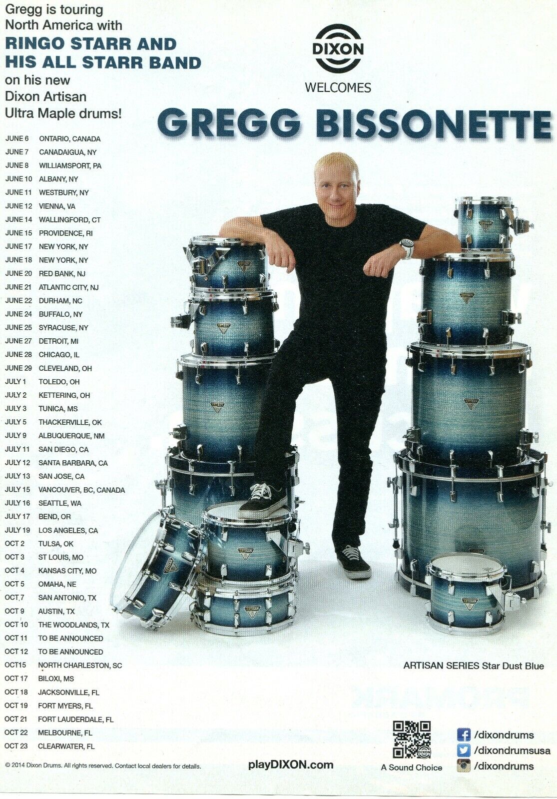 2014 Print Ad of Dixon Artisan Ultra Maple Drum Kit w Gregg Bissonette 