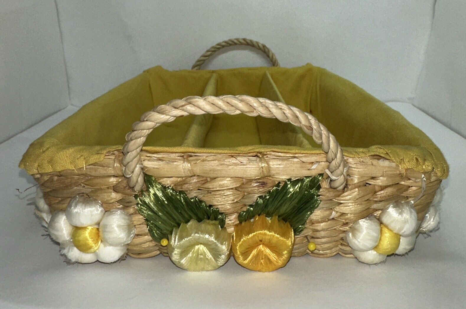 Vintage Divided Wicker Raffia Basket Floral Silverware Holder Yellow Good Shape