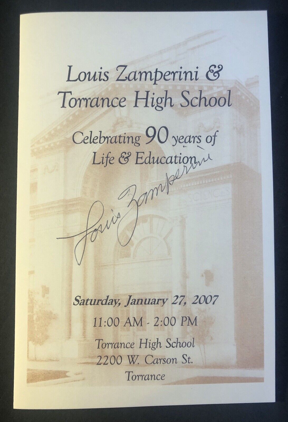 Signed LOUIS ZAMPERINI 2007 90th Birthday Program COA & Torrance News Clippings