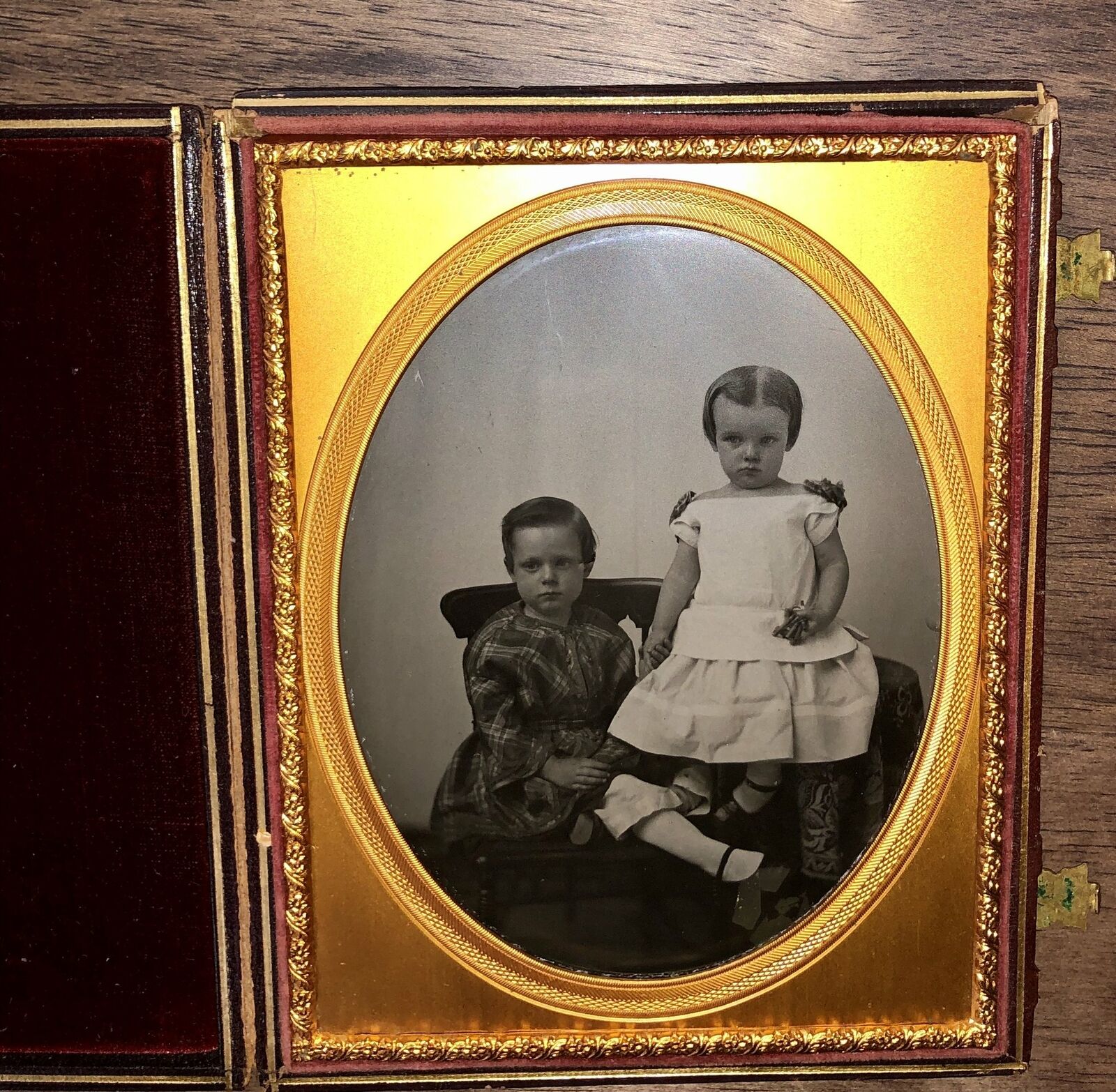 Half Plate Ambrotype Children Boy & Little Girl Holding Keys 1850s Photo