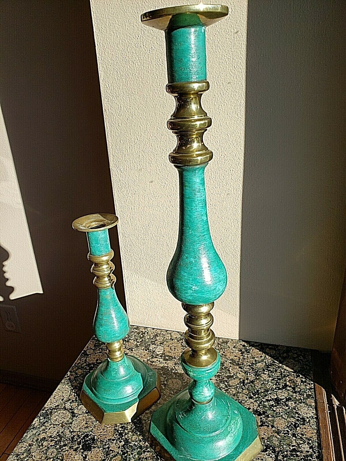 VTG Pair Brass MOSY SA Candlesticks Turquois Enamel Hecho En Mexico 21\