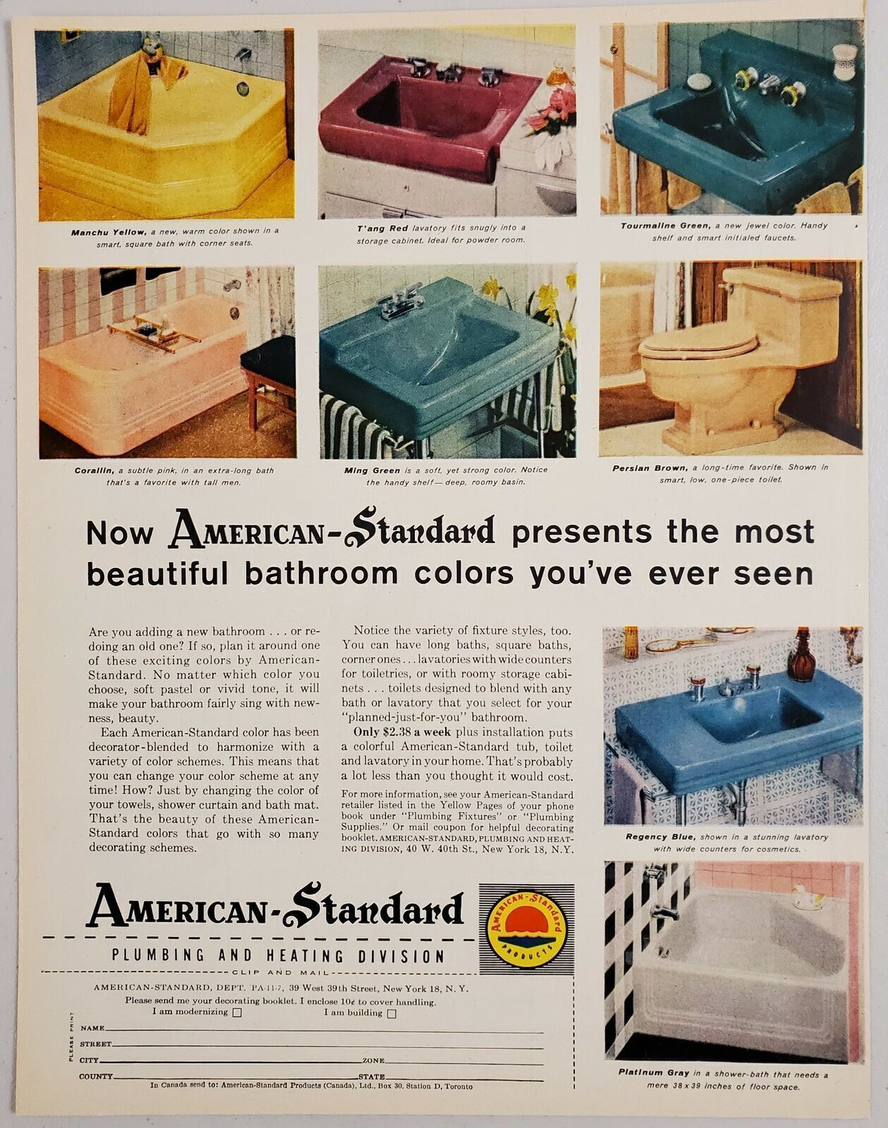 1957 Print Ad American-Standard Bathroom Plumbing Fixtures New York,NY
