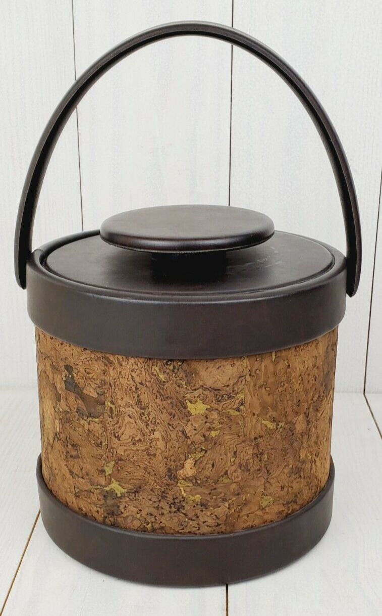 Vintage Elmar Ice Bucket Cork and Faux Brown Leather Soft Handle Made In USA 