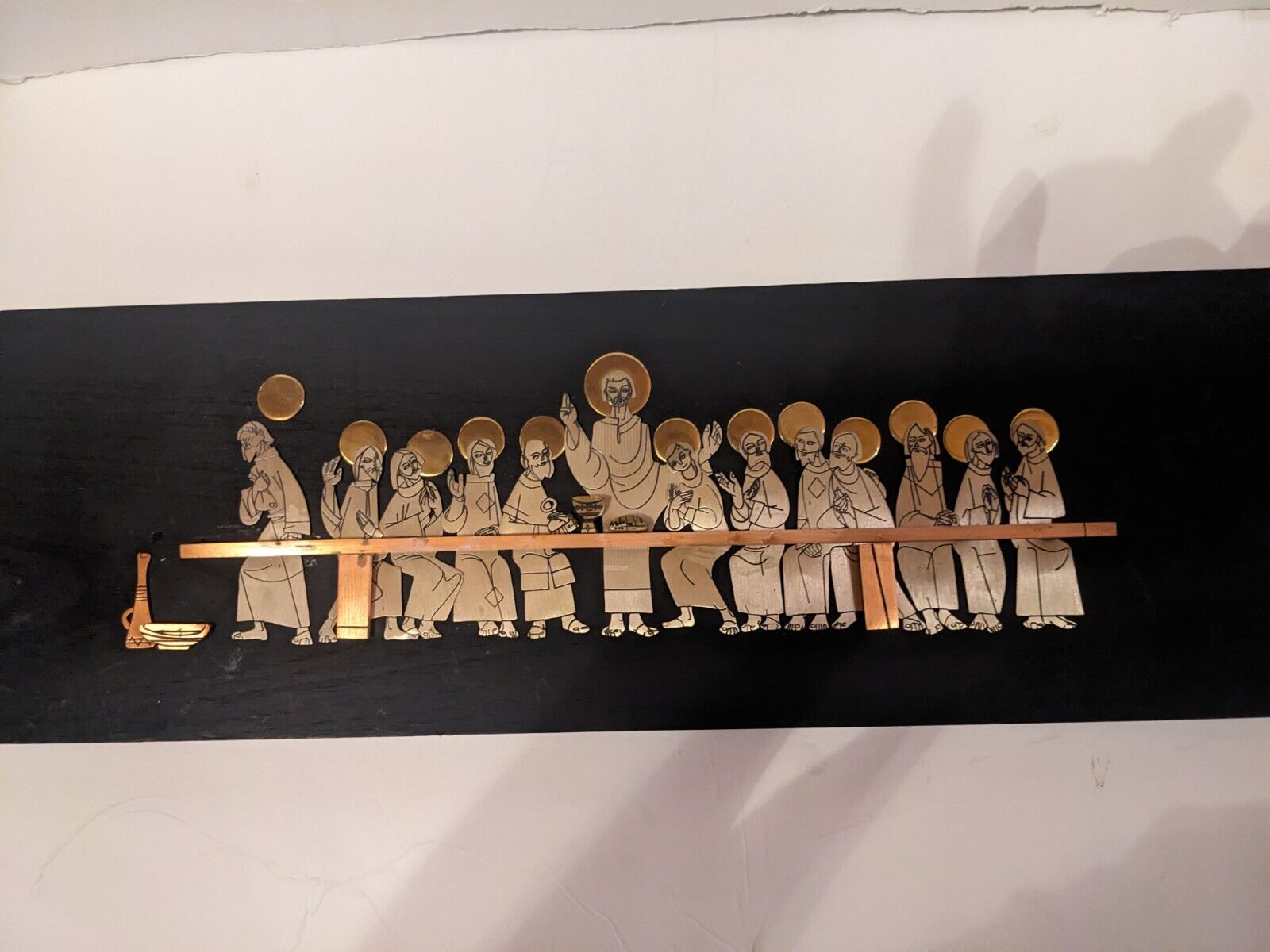 Vintage Last Supper Wooden Art With Copper & Mixed Metals 17x6