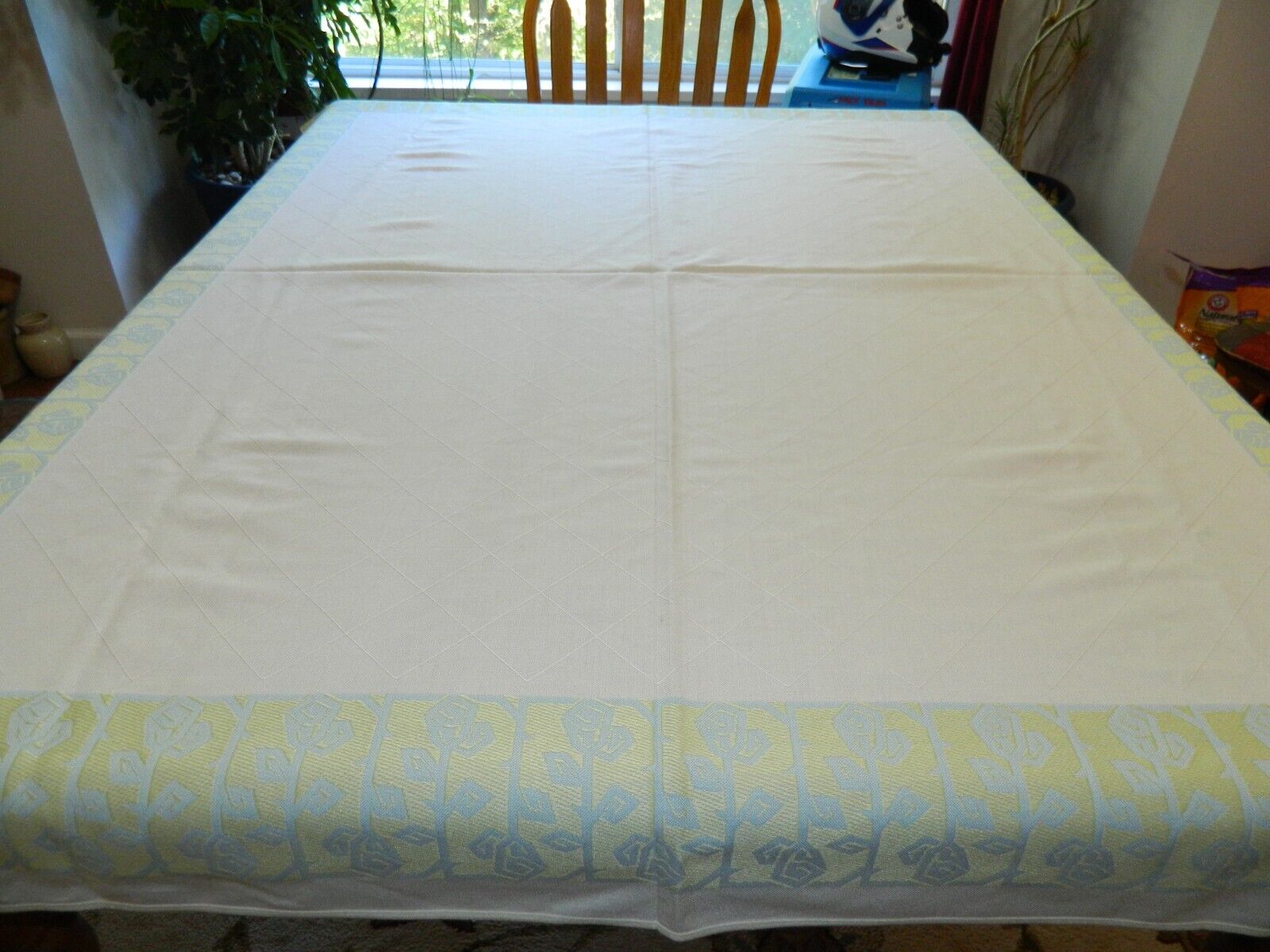 L-23 VINTAGE DRALON GERMANY IVORY  TABLECLOTH WITH EMBOSSED BLUE & YELLOW