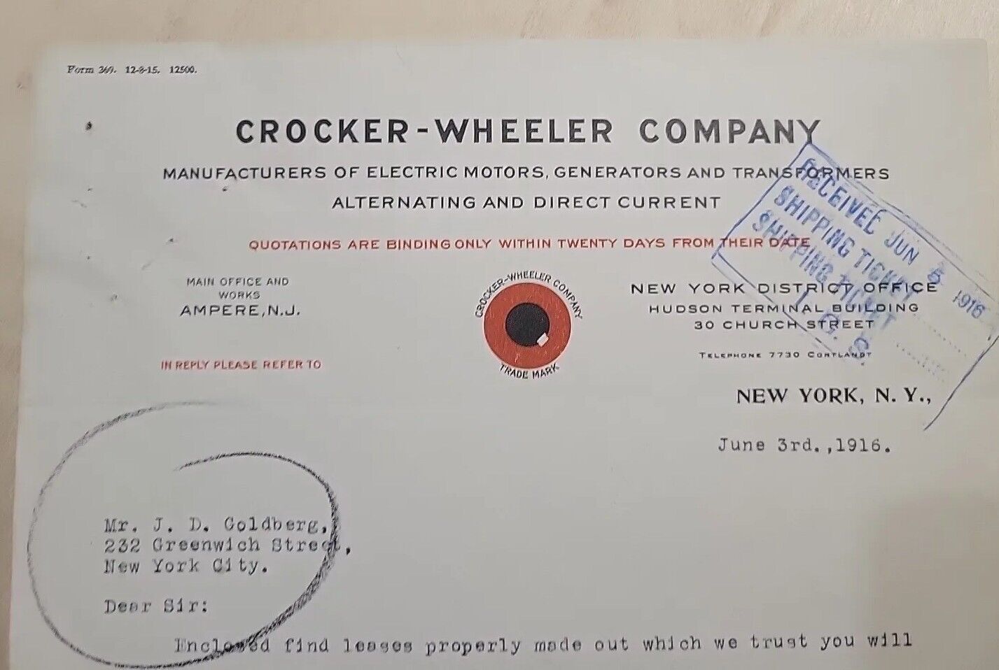 19l6 Antique Document, Crocker-Wheeler Company, New York, N.Y. Signed
