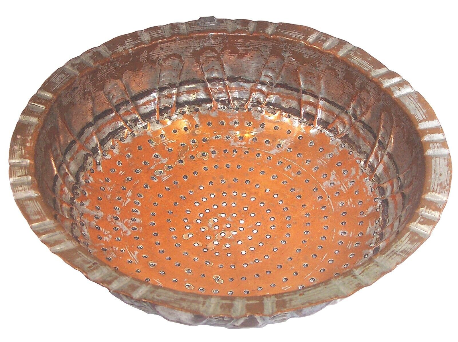Antique Middle Eastern 19C Hand-Wrought Tinned Copper Colander/Strainer 12” Diam