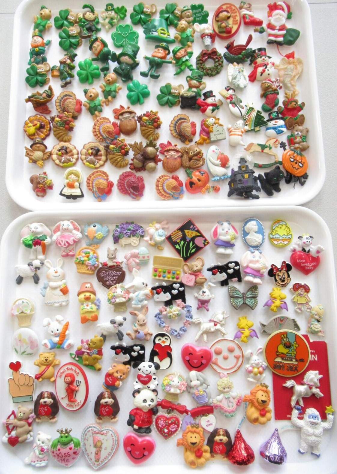 140 Plastic Figurine Brooches, Pins Mostly Hallmark Most are Branded