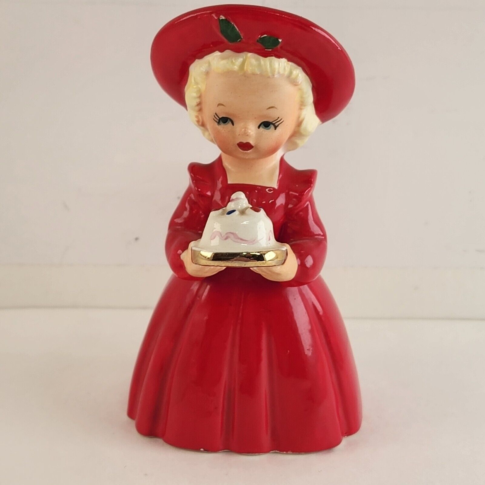 Napco Red Dress Girl Christmas Baking Cake Celebration Figurine Japan Holly Hat