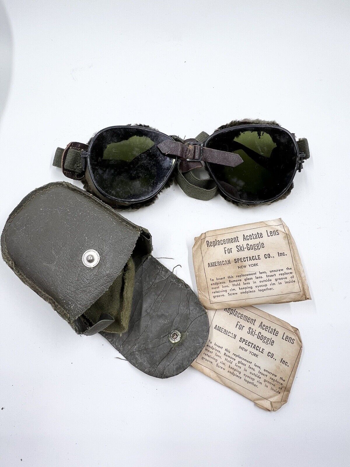 1951 US Army Snow Ski Mountaineer Trooper Goggles Fur Lined w/Case & Extra Lens