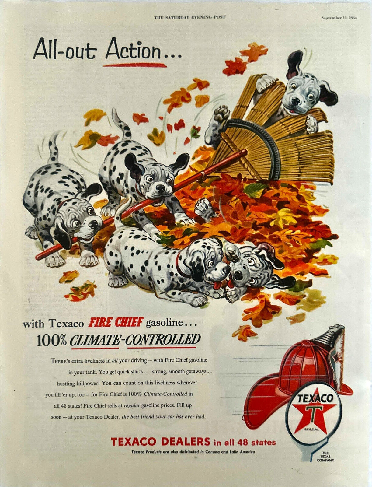 Vintage Print Ad 1954 Texaco Fire Cheif Gasoline Gas Fuel Dalmations Dogs Puppy