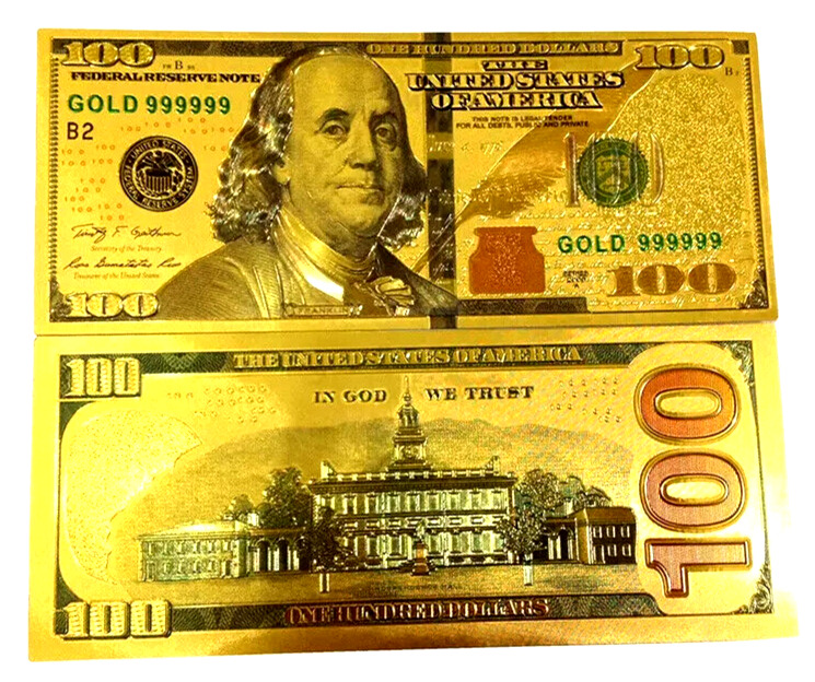 Lot of 10 - 24 K GOLD Plated $100 Dollar Bill with Green Seal TWO SIDED Printed