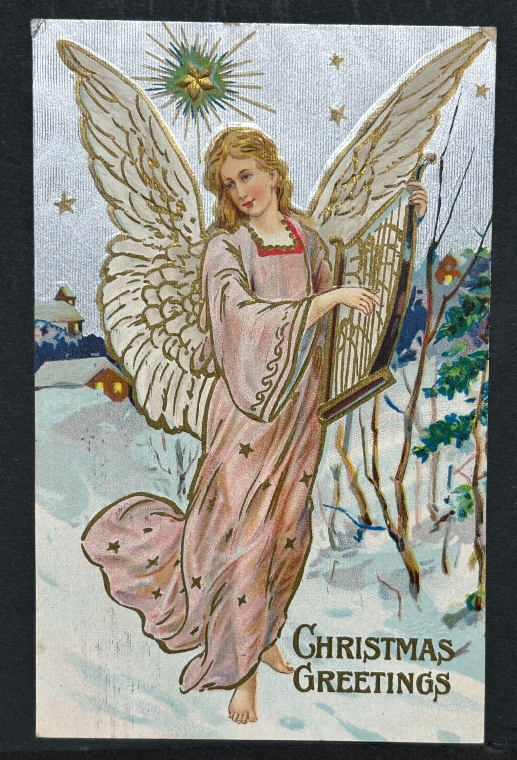 Postcard Christmas Greetings Angel with harp Silver. Embossed 1908 Postmark