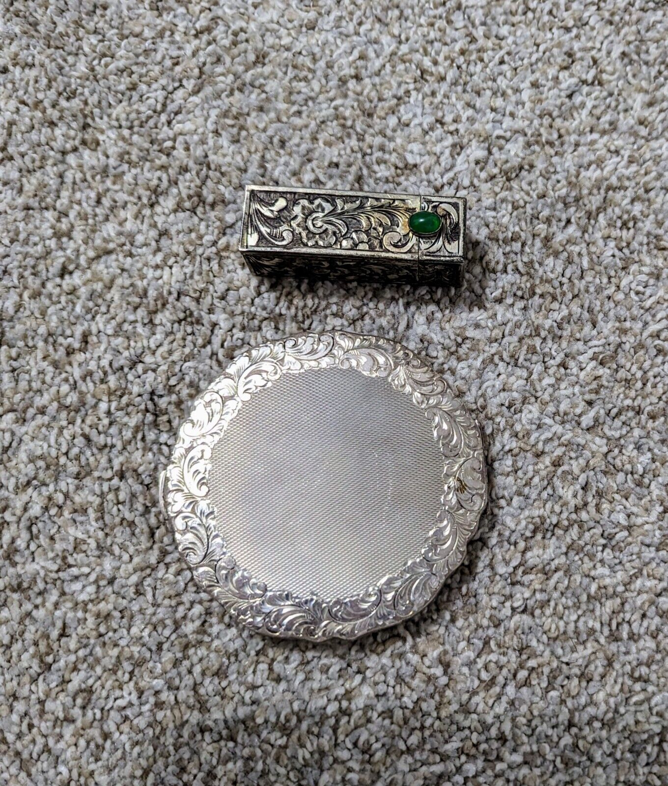 Vintage 800 silver engraved lipstick compact with mirror and Powder Compact