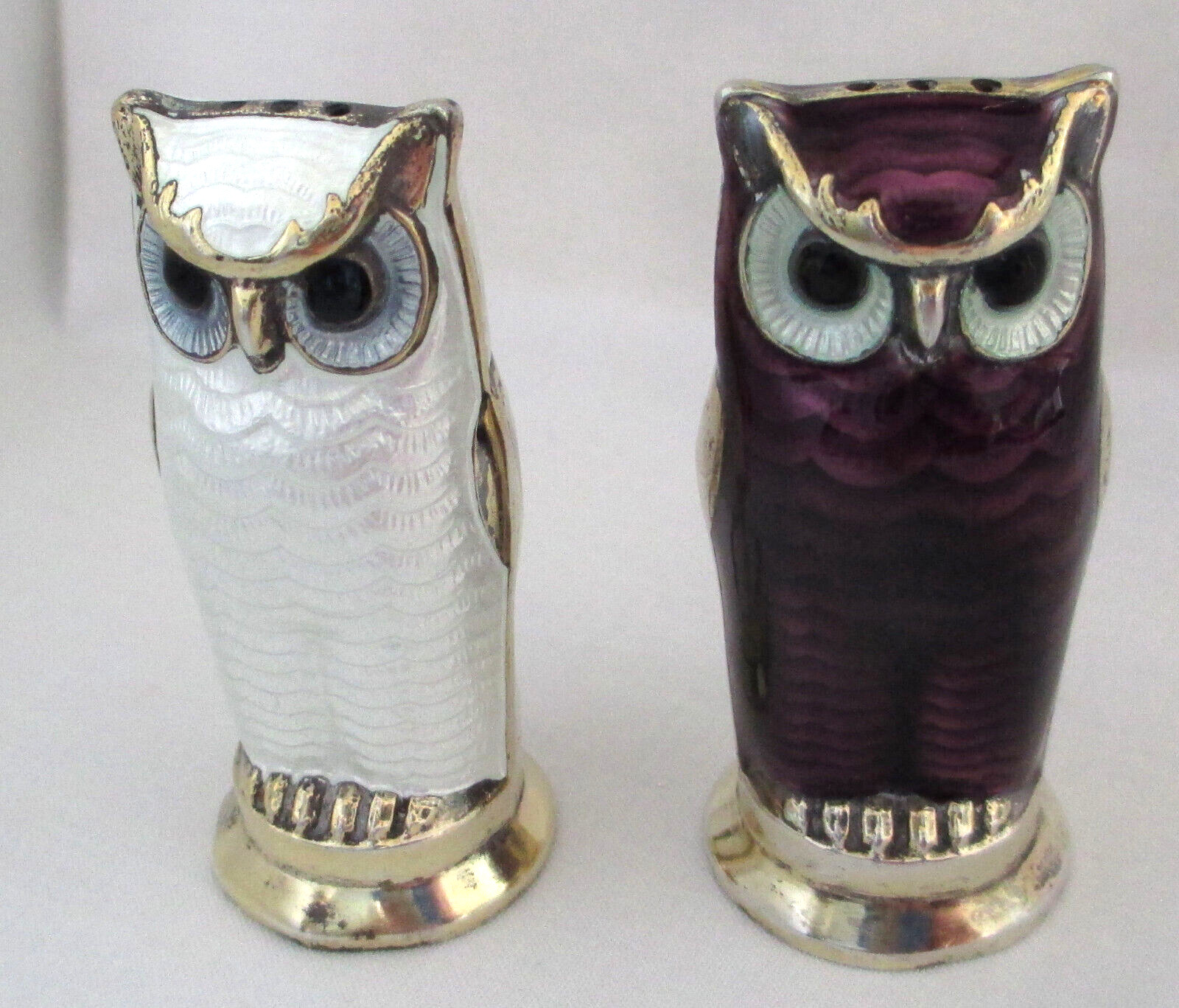 Vintage Modernist David Andersen Norway Sterling Silver Enamel Owl Salt & Pepper