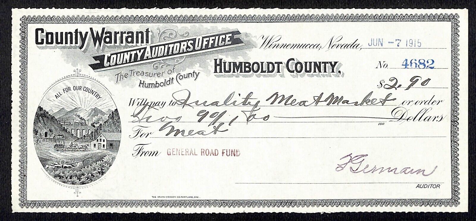 Winnemucca, NV Humboldt County Auditor\'s Office Warrant Check 1915 VGC #4682