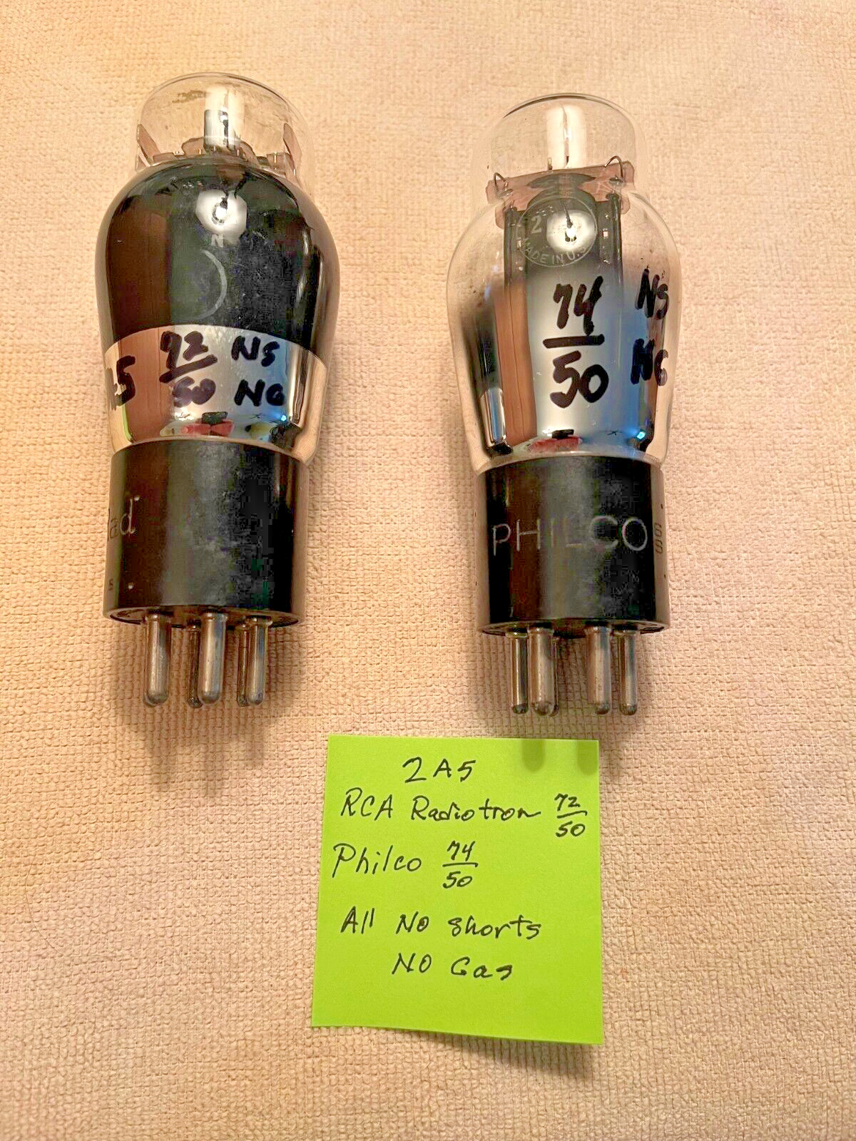 2- 2A5 Pentode Power Amplifier tubes. TV-7U Tested Strong-No Gas or Shorts