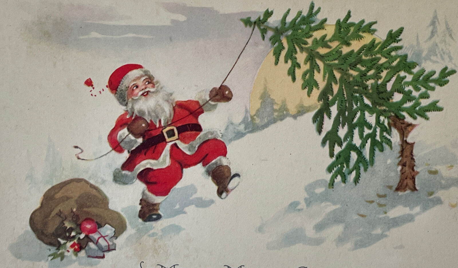 Vintage 1920s Santa Christmas Postcard - Gibson Lines - Gift Sack Tree